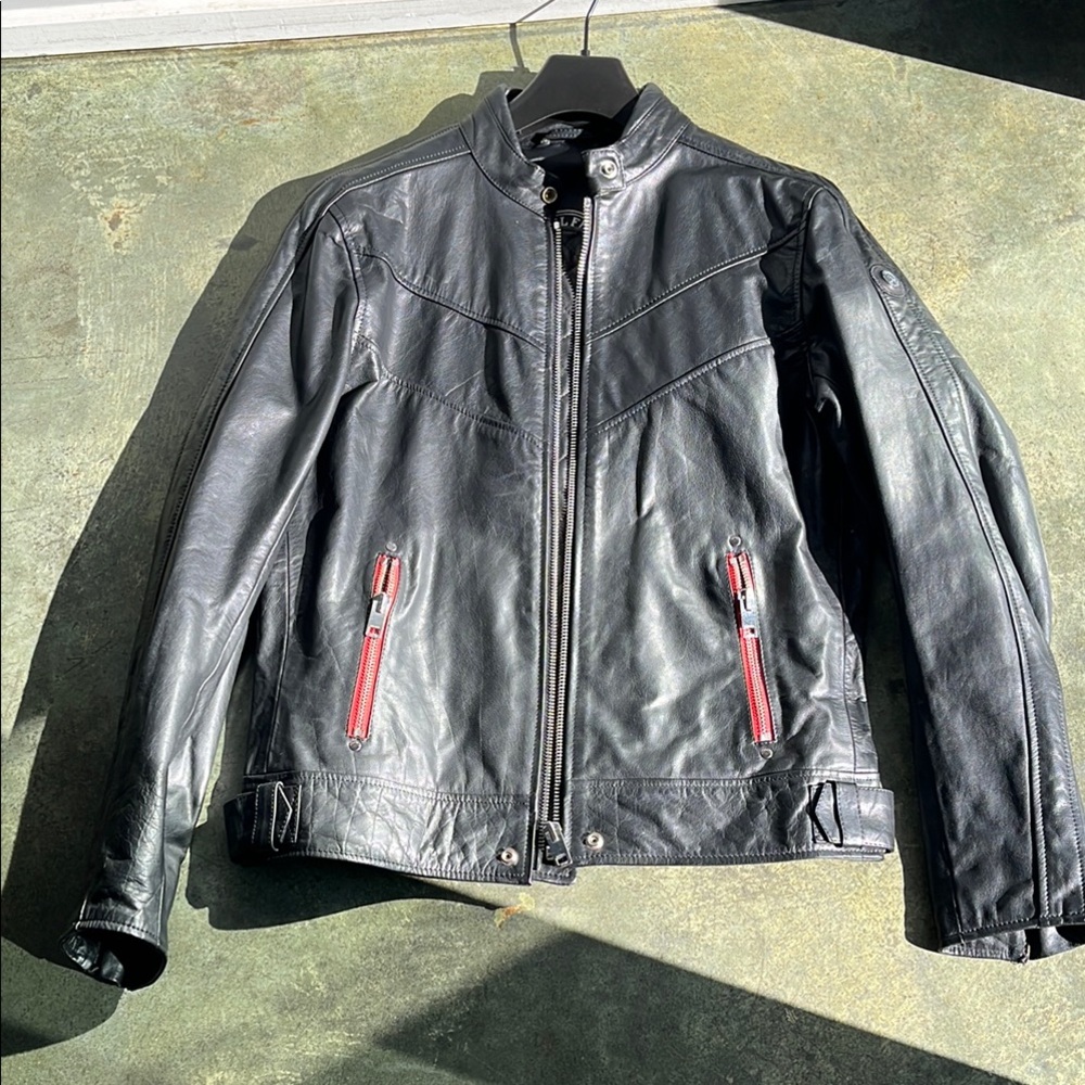 Men’s Diesel Black Leather Jacket with Red Accents